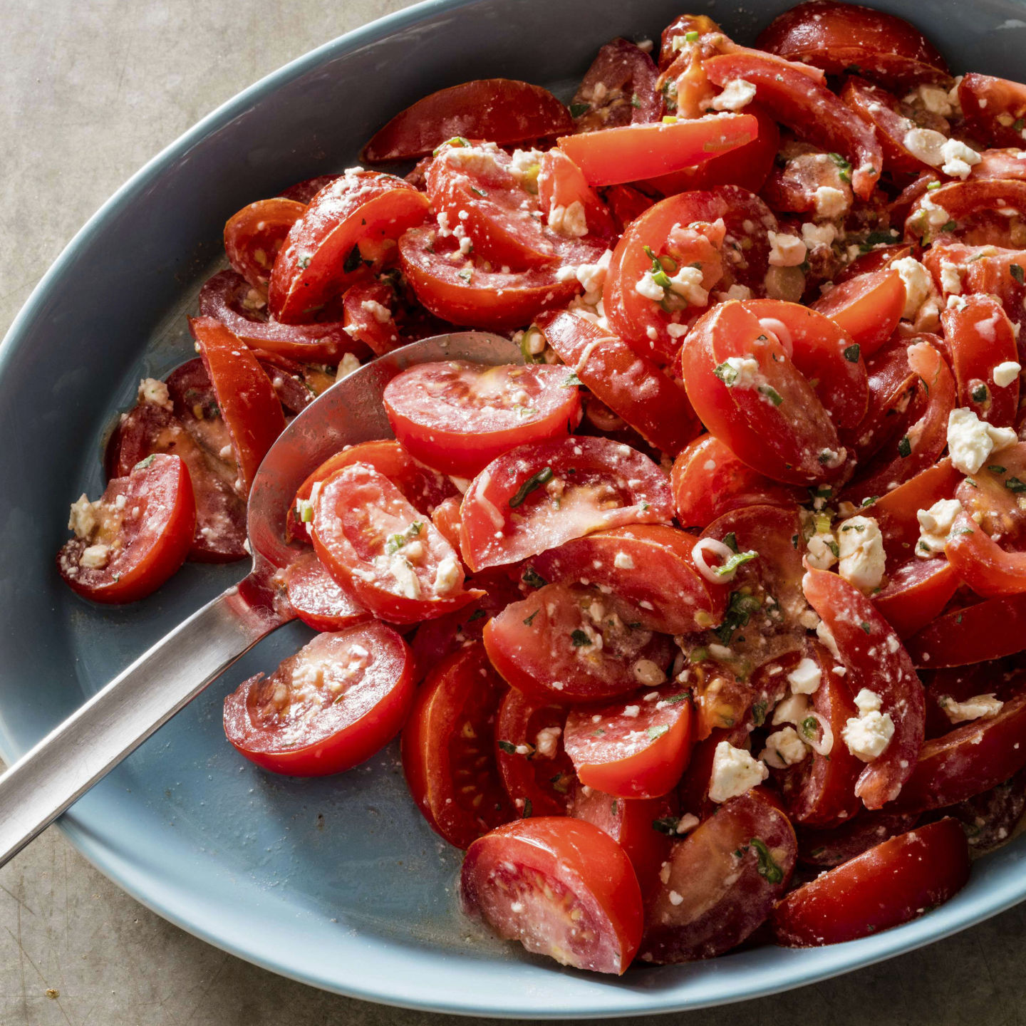Food Column ATK Tomato Salad with Feta and Cumin Yogurt Dressing